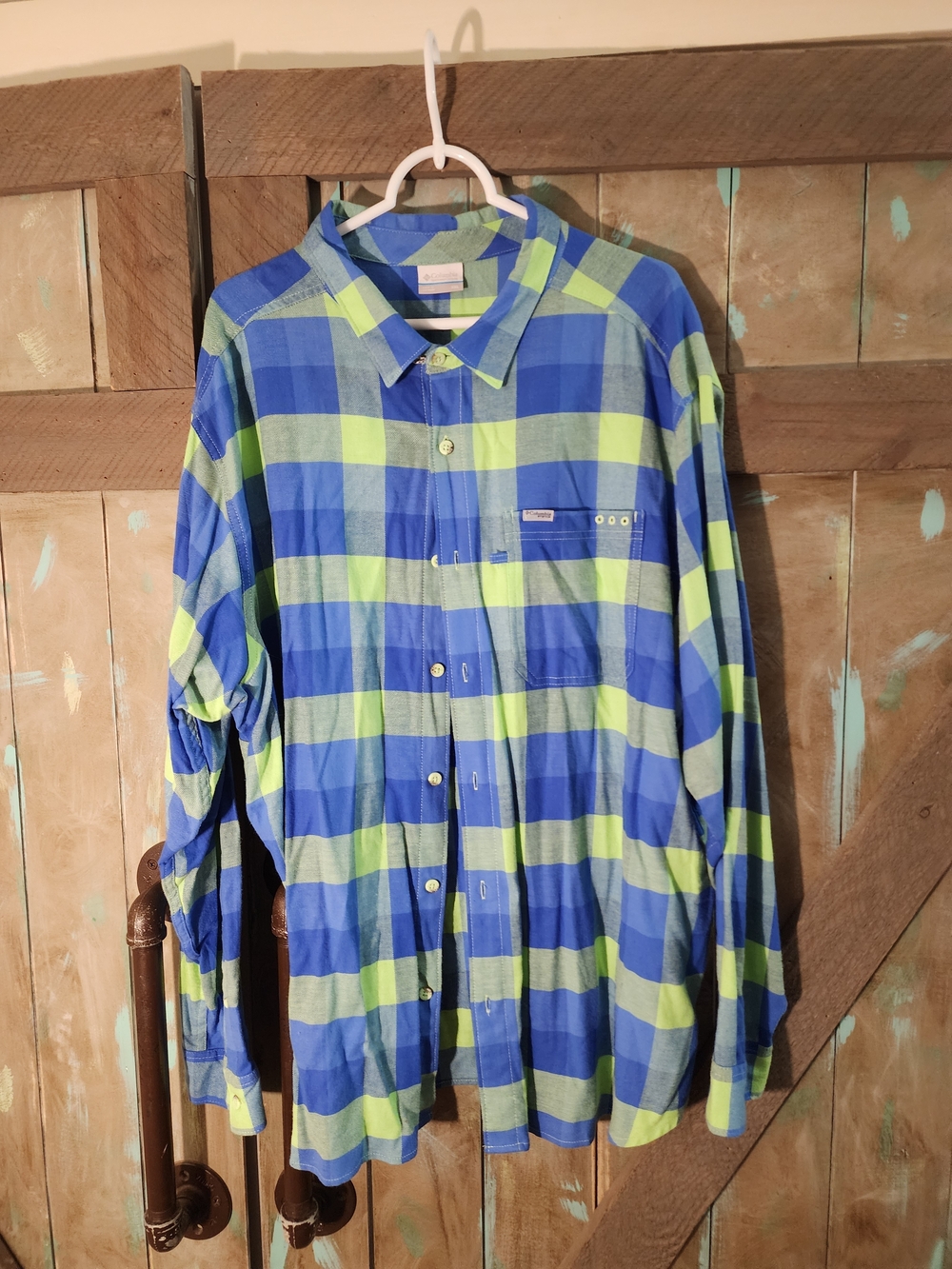 Columbia Blue and Lime Green Plaid Button-Down Shirt